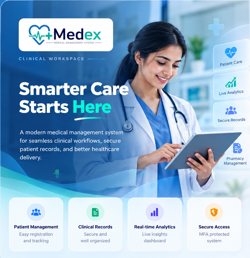 MedEx medical workspace with healthcare professional, patient care tools and clinical features